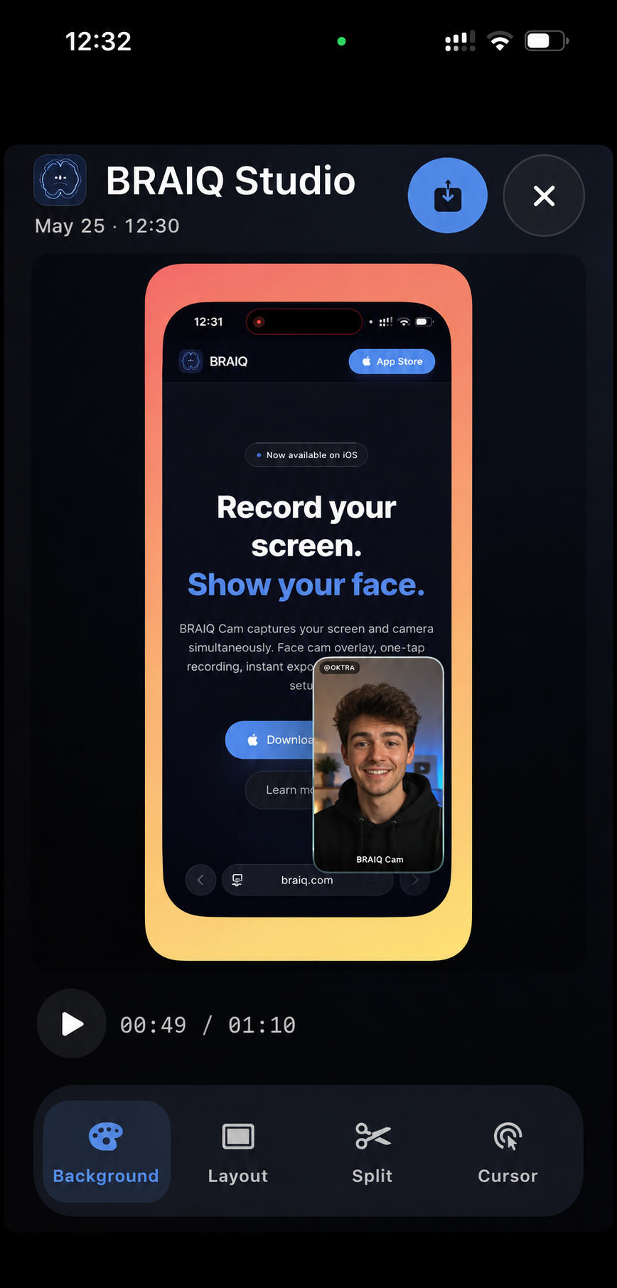 BRAIQ Cam with face cam overlay